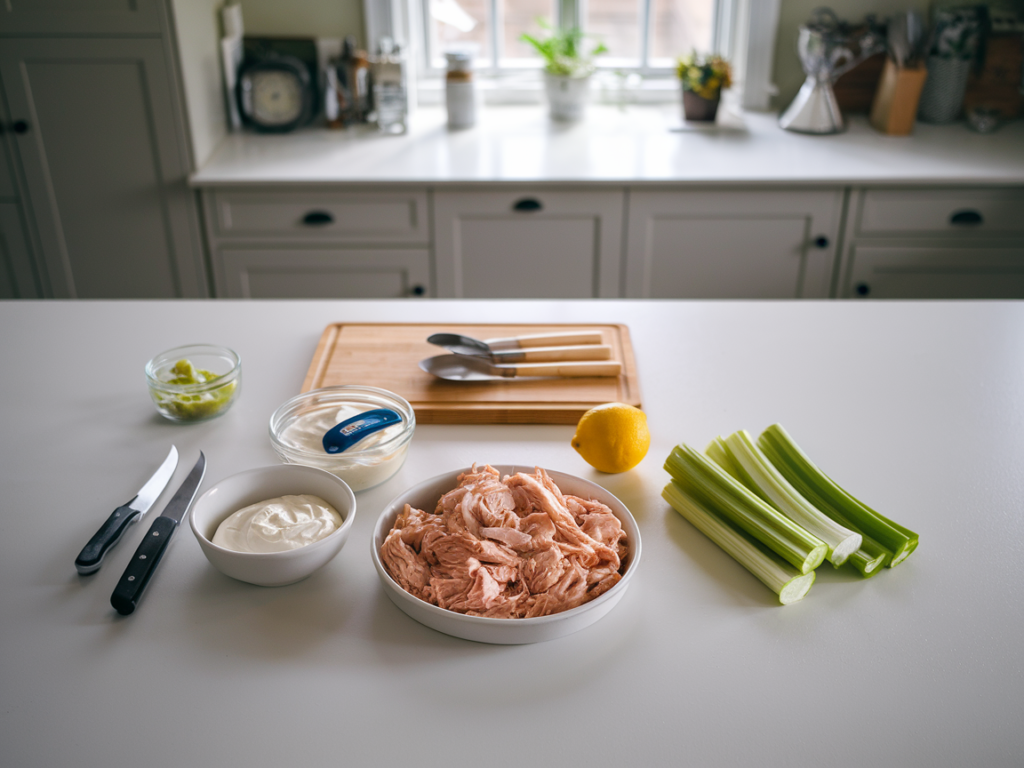 Ingredients for 4 ingredient chicken salad: chicken, mayonnaise, celery, and a lemon.