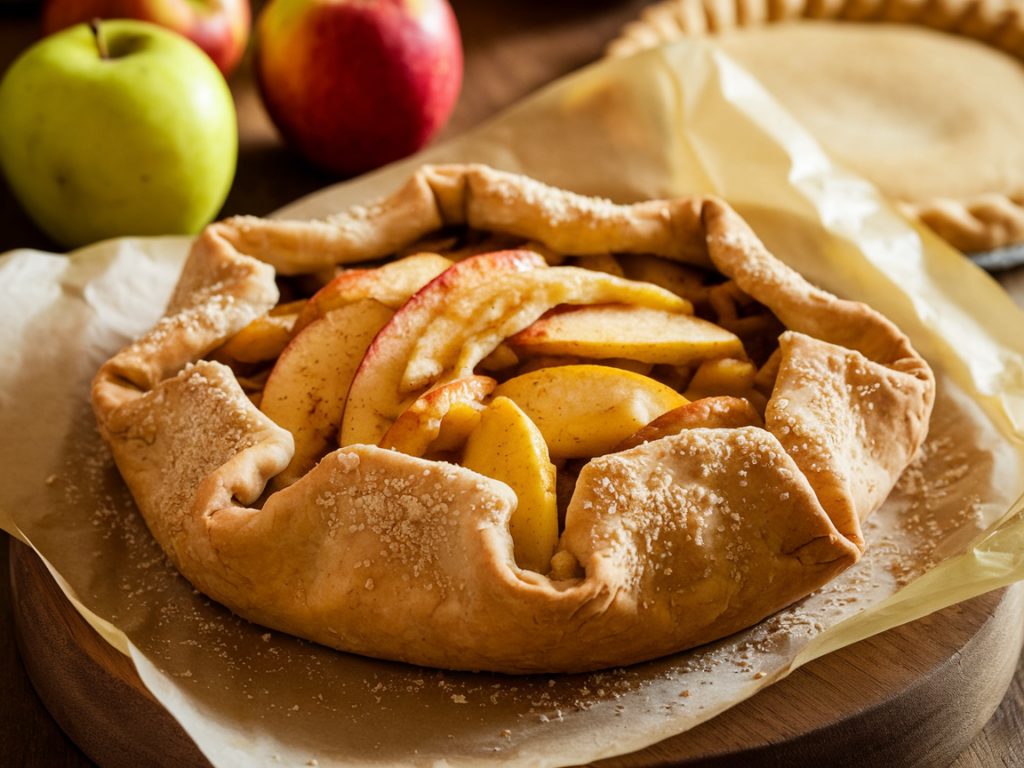 Rustic apple pie with folded edges and sugared crust, ready to bake.