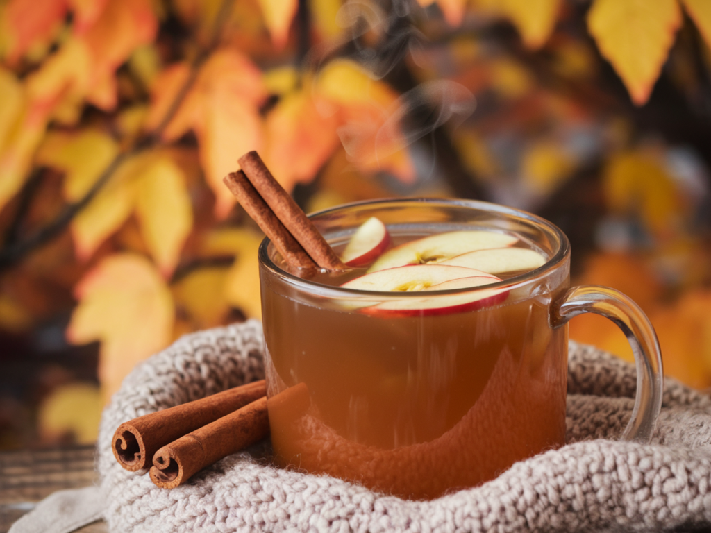 A steaming mug of apple cider garnished with cinnamon sticks and apple slices.