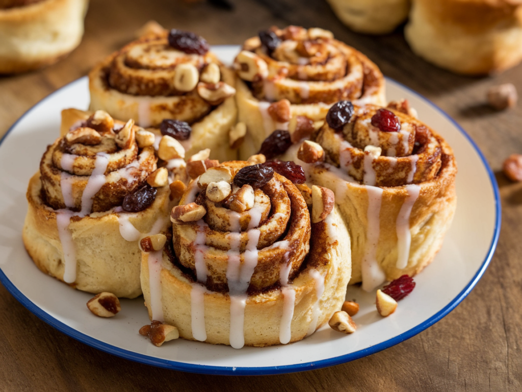 Cinnamon rolls filled with nuts and dried fruits, topped with icing, displayed on a serving plate Perfect Cinnamon Rolls