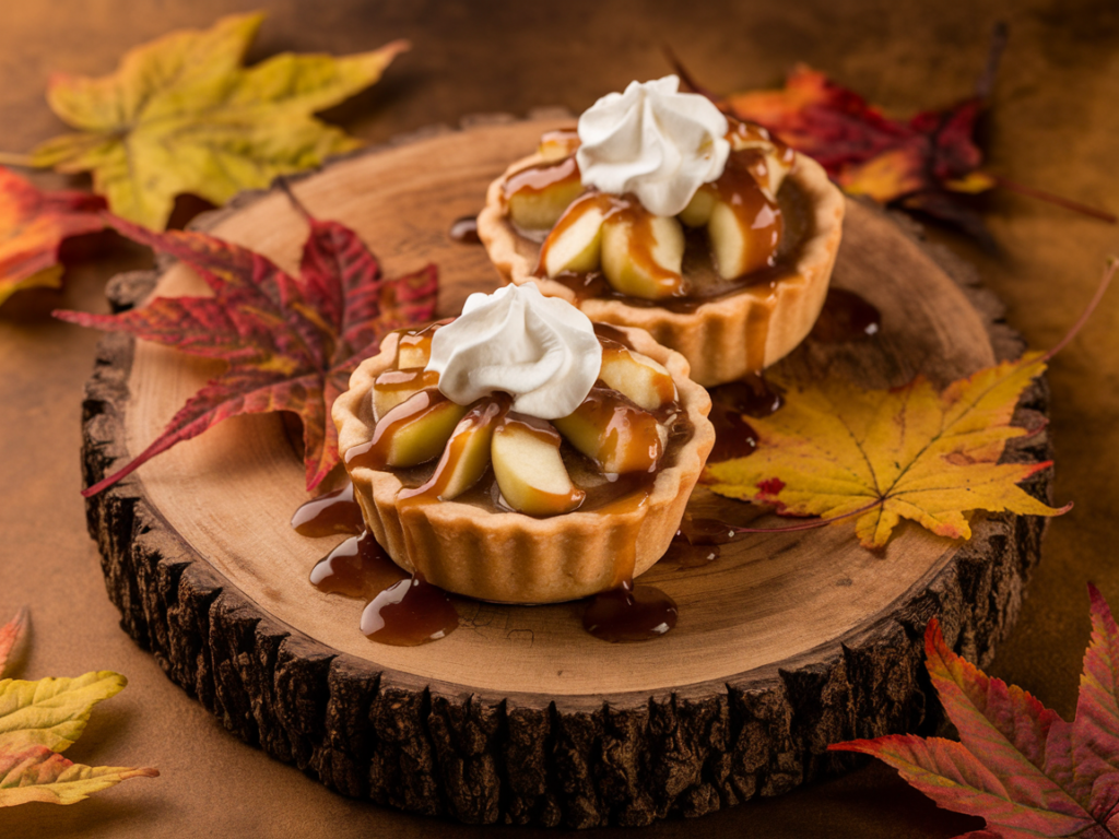 "Mini gluten-free apple pies with caramel drizzle and whipped cream on a rustic plate."