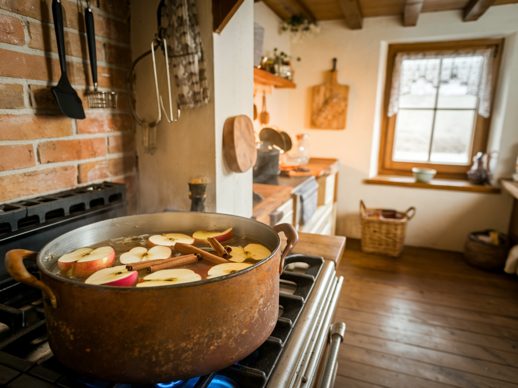 DIY apple and cinnamon simmer pot with cloves, creating a natural home fragrance.