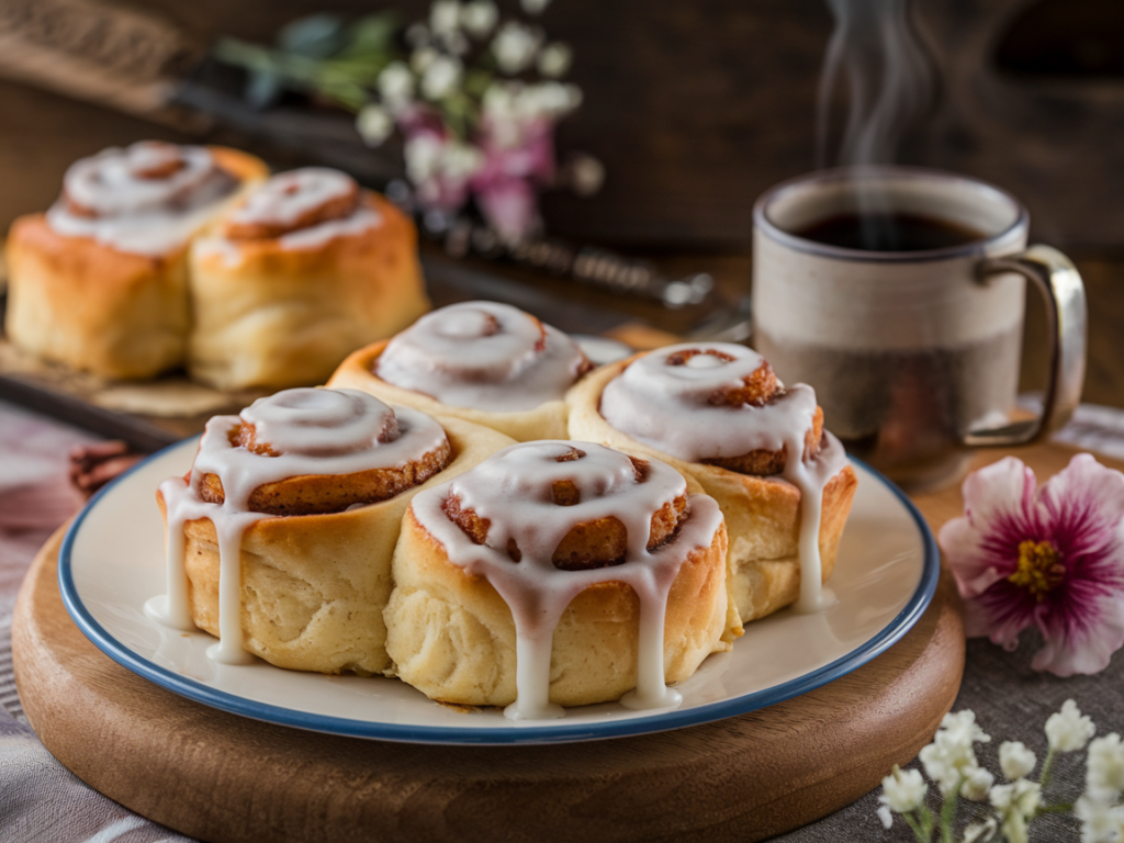 A plate of gooey cinnamon rolls with icing dripping off the sides, set on a cozy breakfast table.