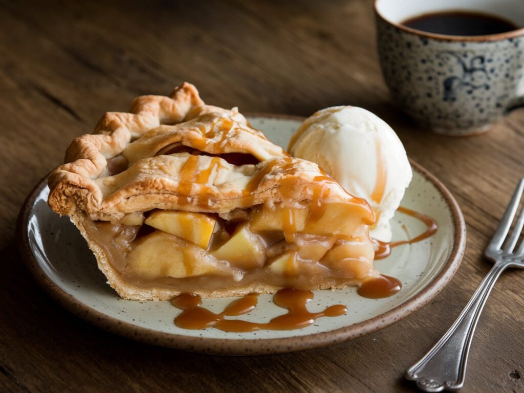 A slice of French rustic apple pie served with vanilla ice cream and caramel drizzle.