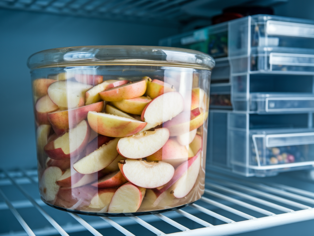 Pre-cooked apple pie filling stored in a glass container in the fridge.