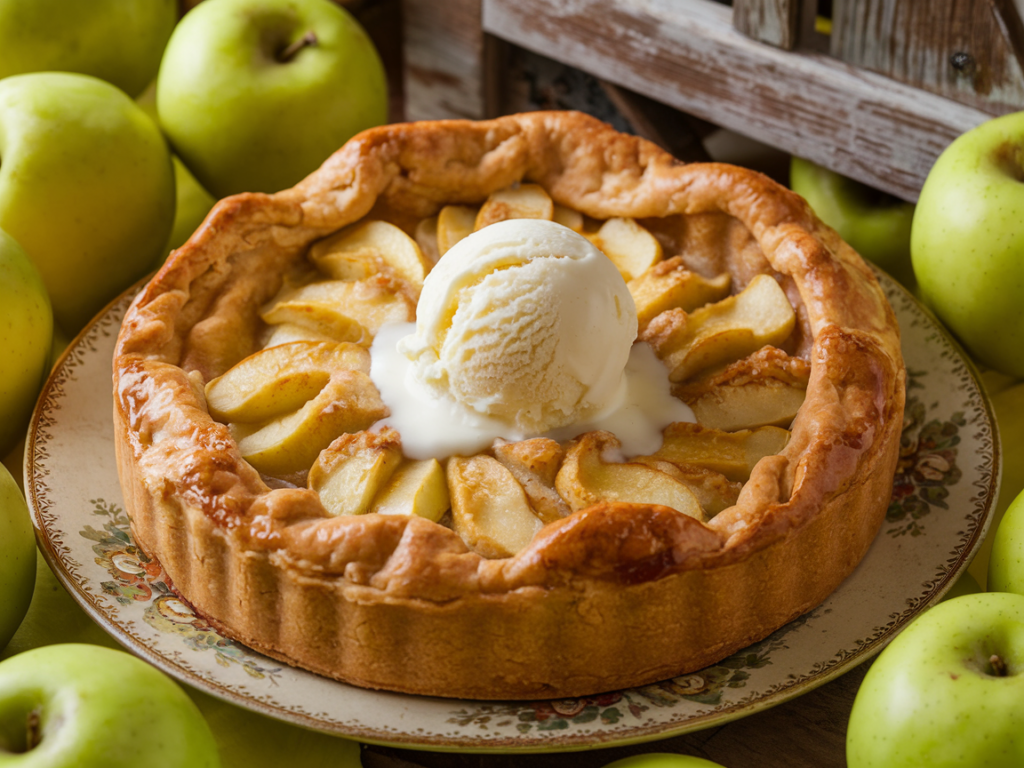 French rustic apple pie with vanilla ice cream on a vintage plate.