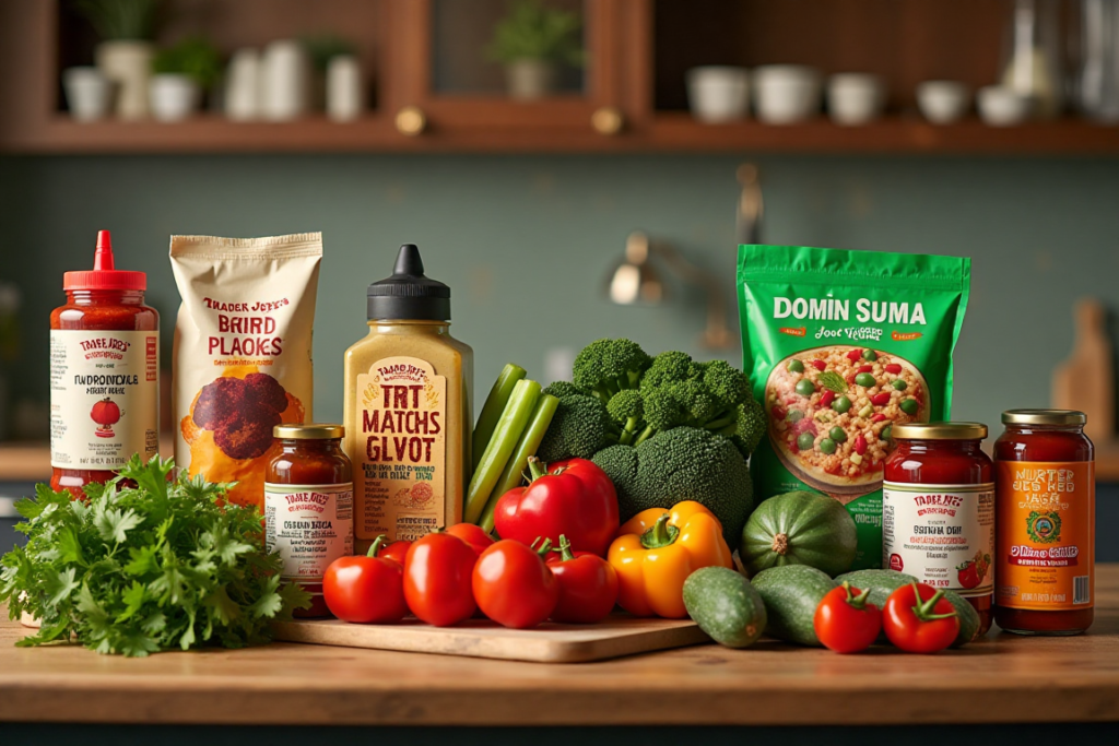 A vibrant display of Trader Joe's groceries including fresh produce, specialty sauces, and packaged goods.