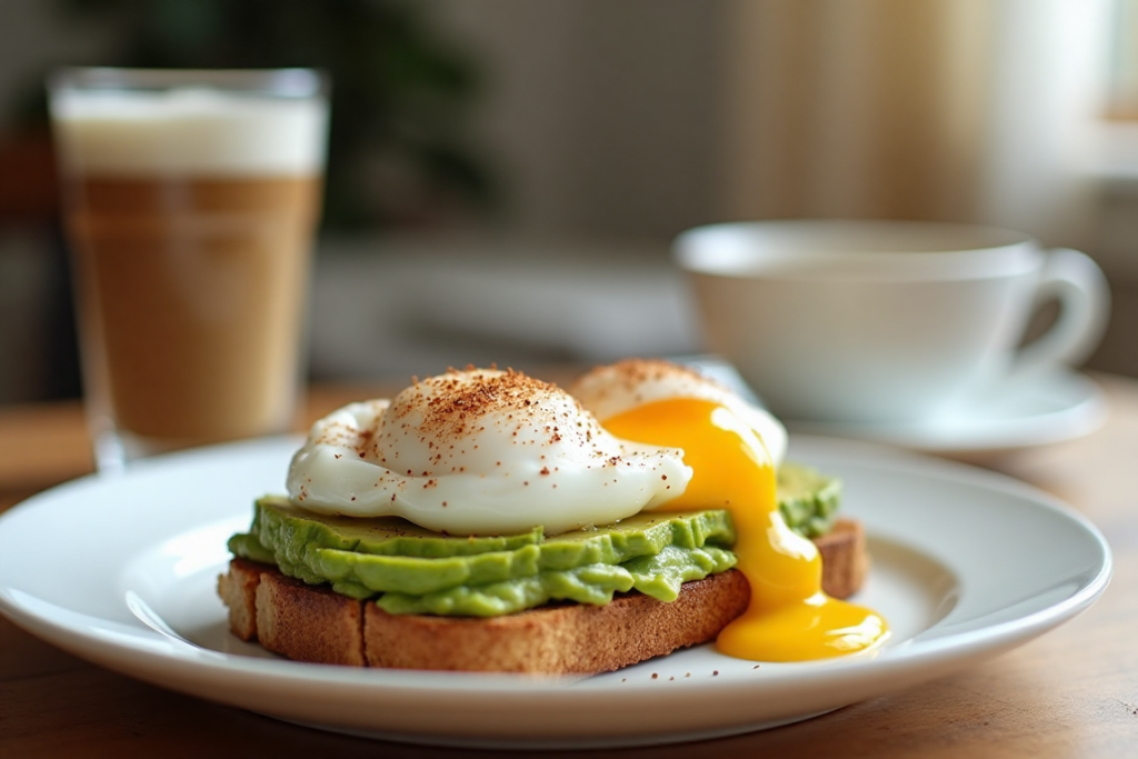 A delicious spread of avocado toast with poached eggs and Trader Joe’s Everything but the Bagel Seasoning.