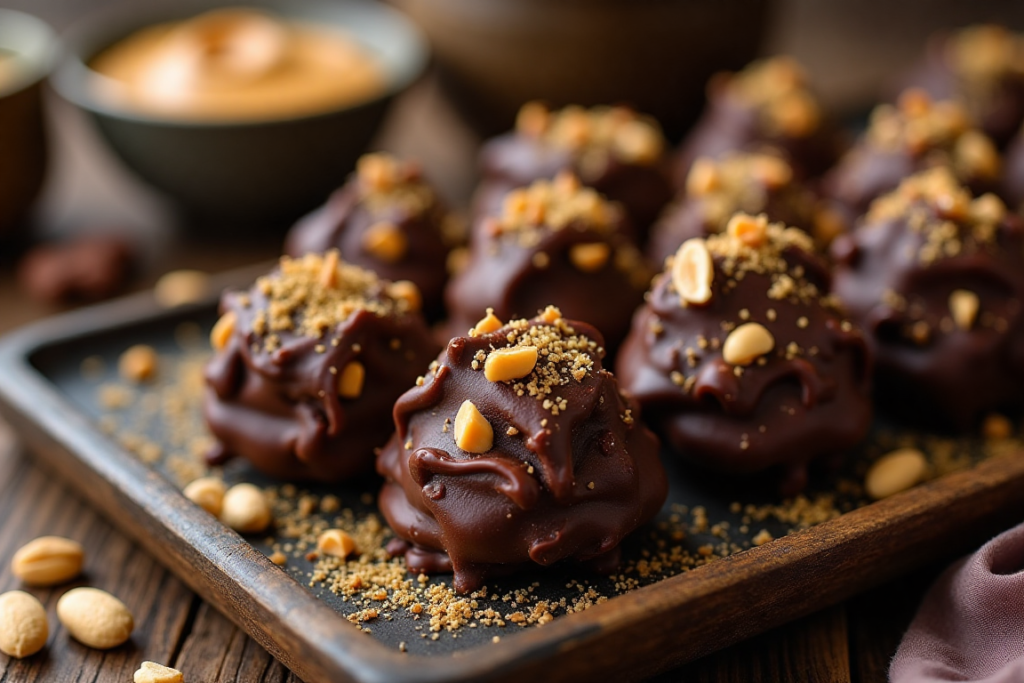  Trader Joe’s Dark Chocolate Peanut Butter Clusters on a serving tray.