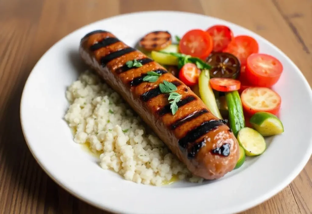 A grilled kielbasa sausage served with broccoli, quinoa, and mustard on a white plate for a balanced meal.