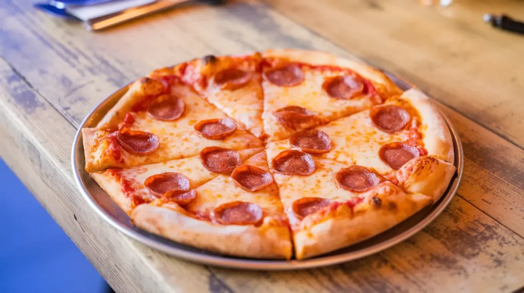 op-down view of a 10-inch pepperoni pizza sliced into six pieces on a wooden table.