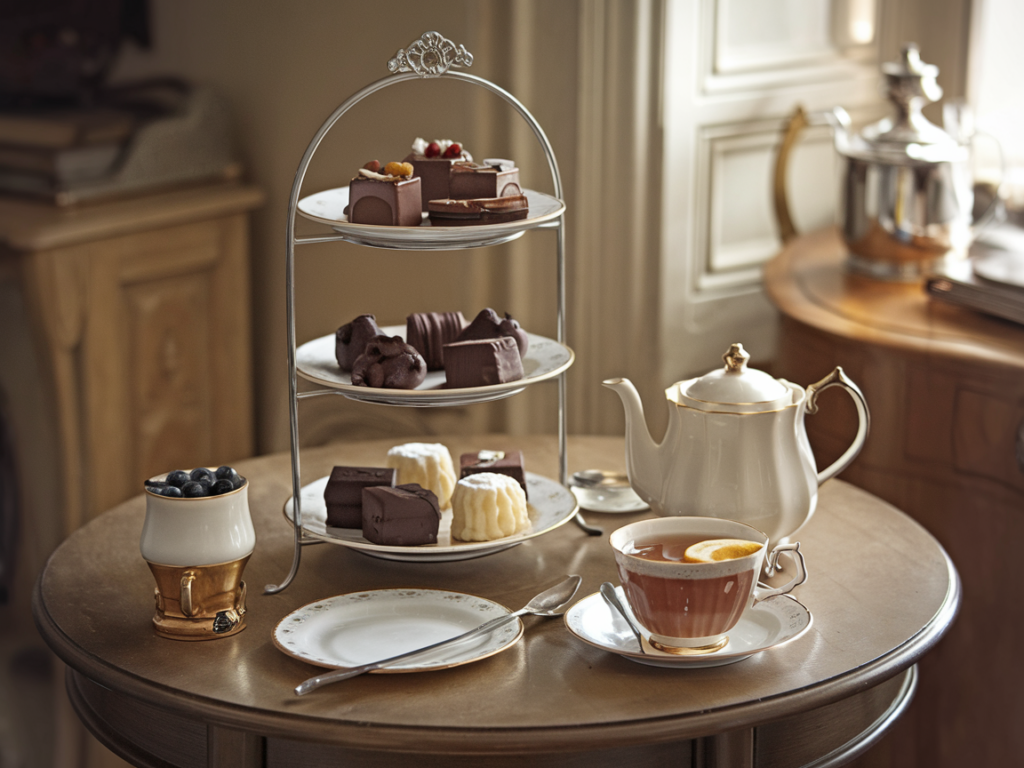 A cup of tea with chocolates on a wooden table.