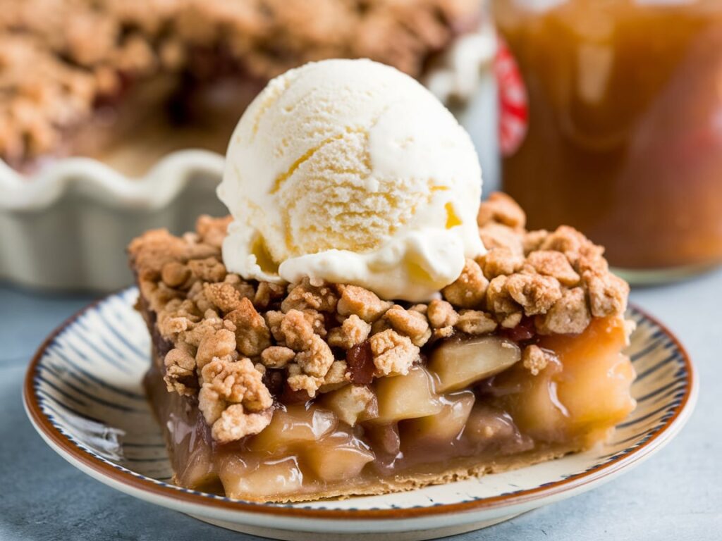 A slice of apple crumble topped with vanilla ice cream, with a jar of homemade apple pie filling in the background.