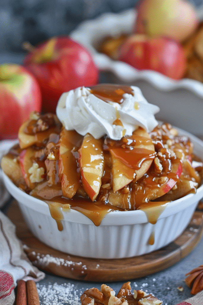 Close-up of apple pie caramel apples with cinnamon sugar and golden caramel in a rustic kitchen setting