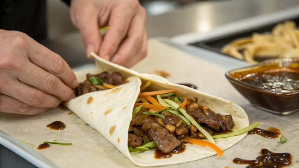 Hands spreading hoisin sauce and filling a Mandarin pancake to create a Moo Shu Beef wrap.