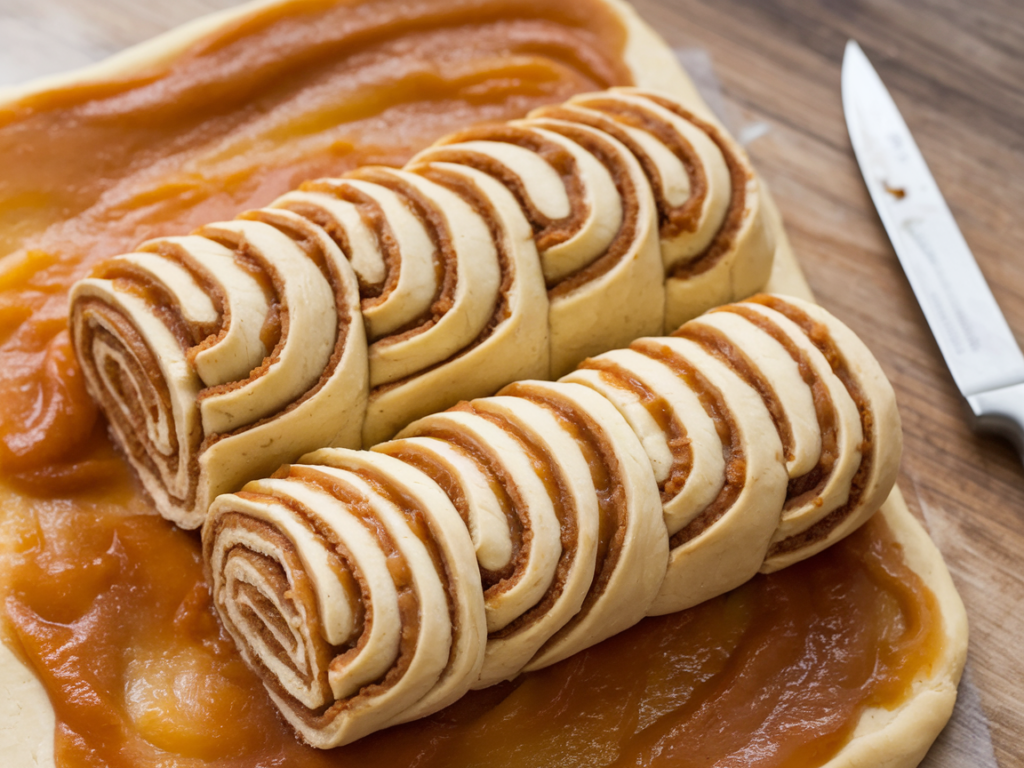 Apple pie filling spread over rolled-out dough before rolling.