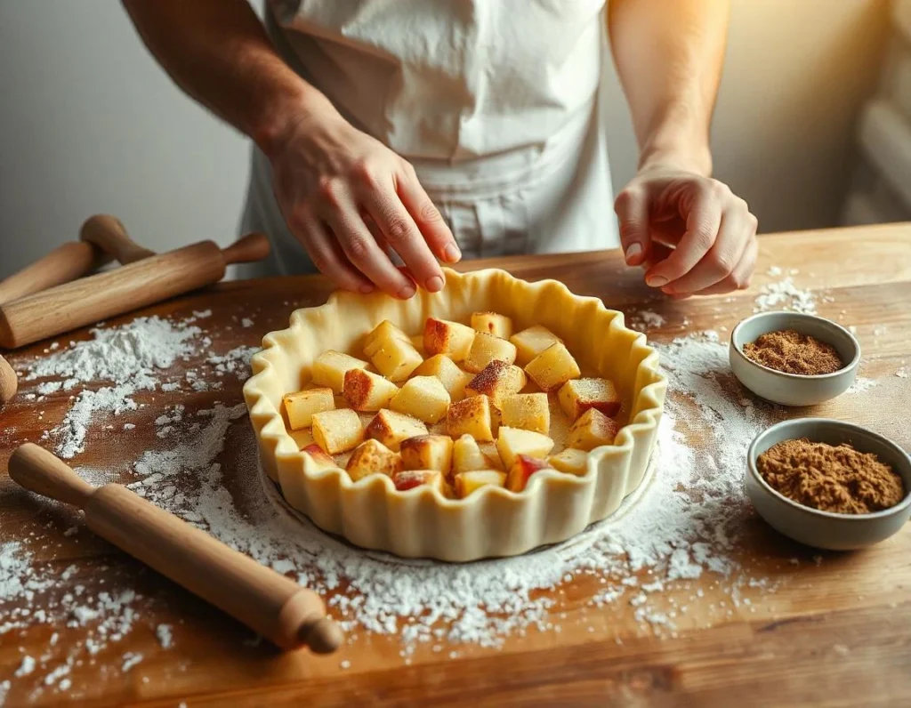 Assembling puff pastry apple pie with fresh apple slices.