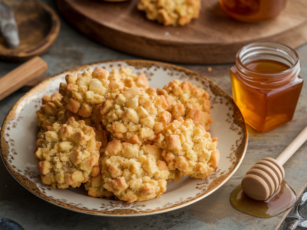  A plate of Cornbread Crumbl Cookies with a jar of honey and a wooden honey dipper.