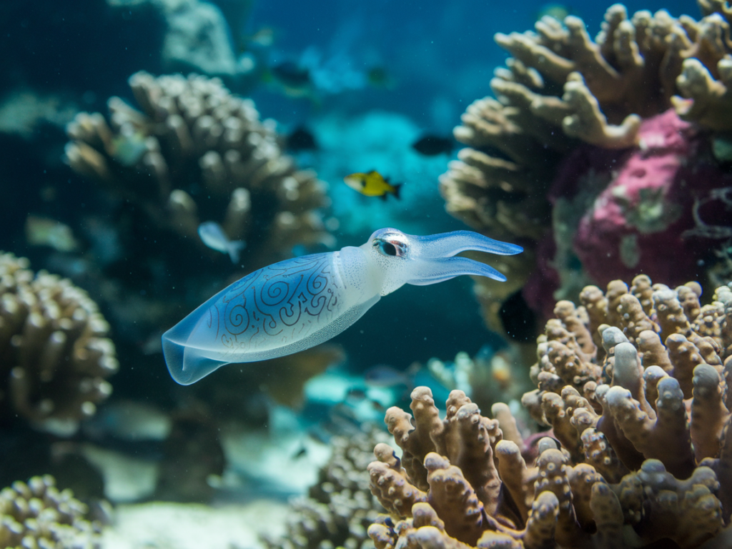 Baby squid swimming near coral reefs in a vibrant underwater ecosystem.