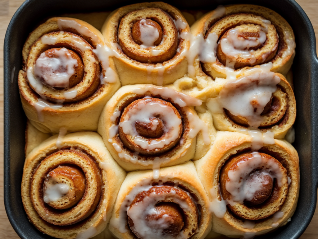 Cinnamon rolls baking to golden perfection in the oven.