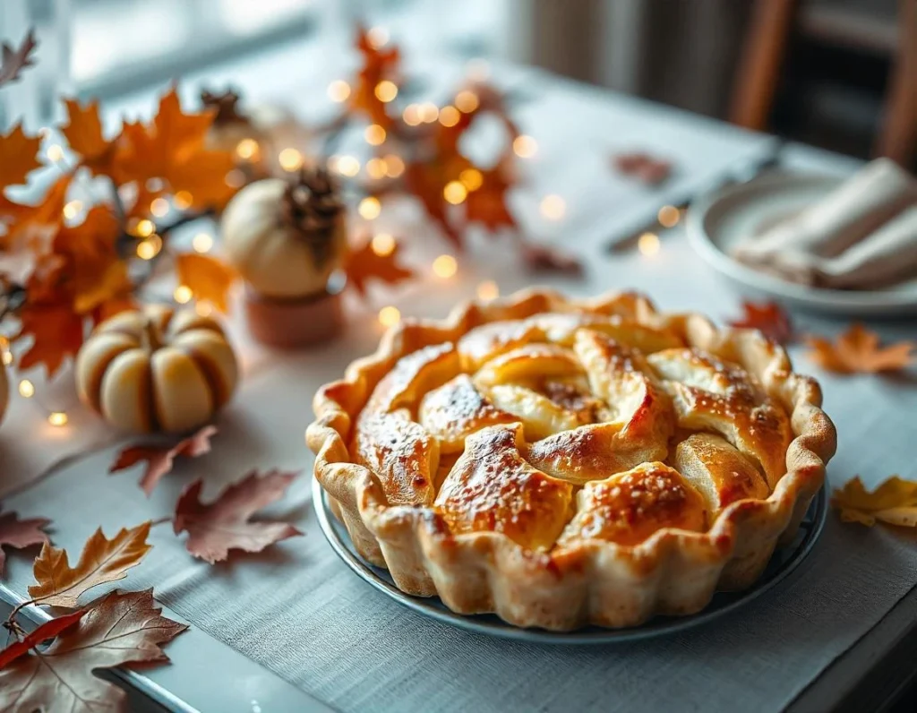 A puff pastry apple pie baking in the oven