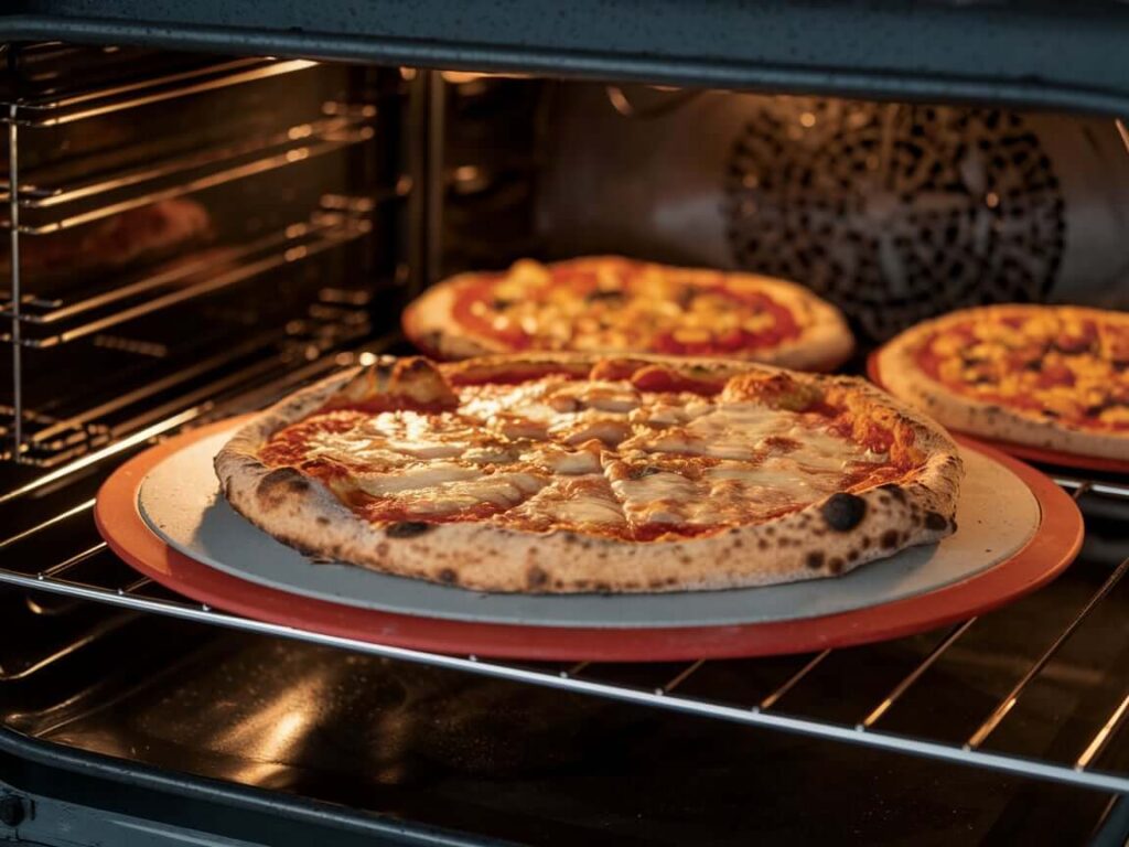 A 10-inch pizza cooking on a pizza stone inside an oven with bubbling cheese.