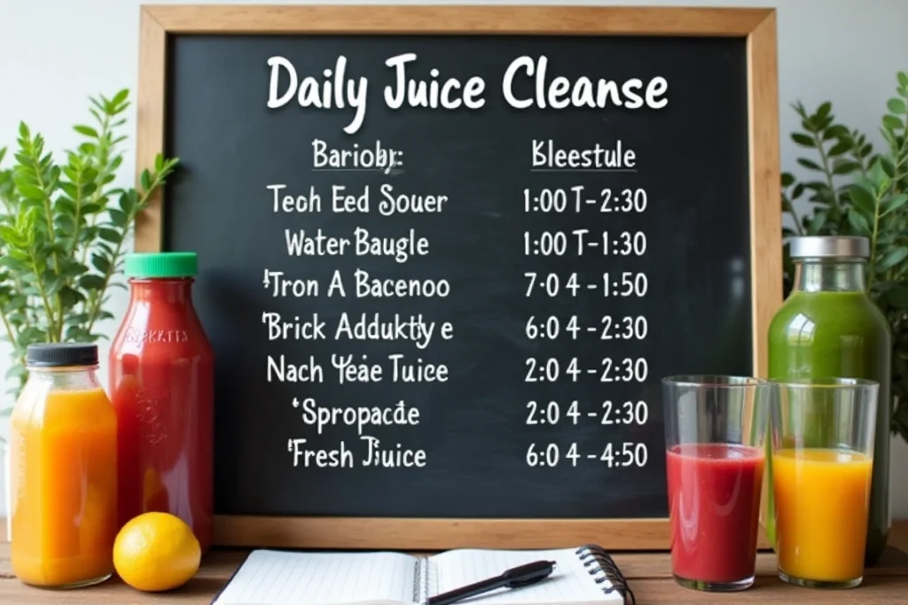 daily juice cleanse schedule with bottles of fresh juice and a progress-tracking notebook.