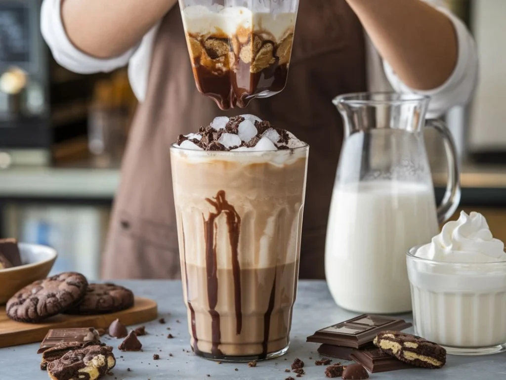 A barista blending a mocha cookie crumble frappuccino with whipped cream and cookie crumbles nearby.