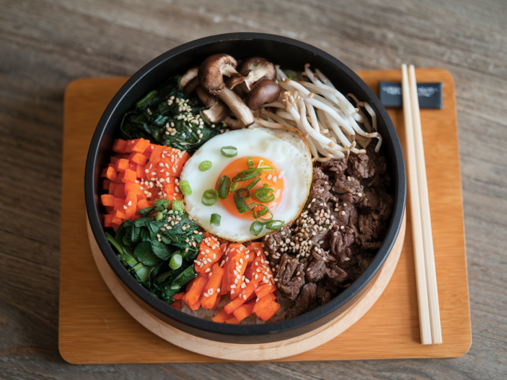 A vibrant and colorful bibimbap bowl with vegetables, bulgogi beef, and a sunny-side-up egg in the center.