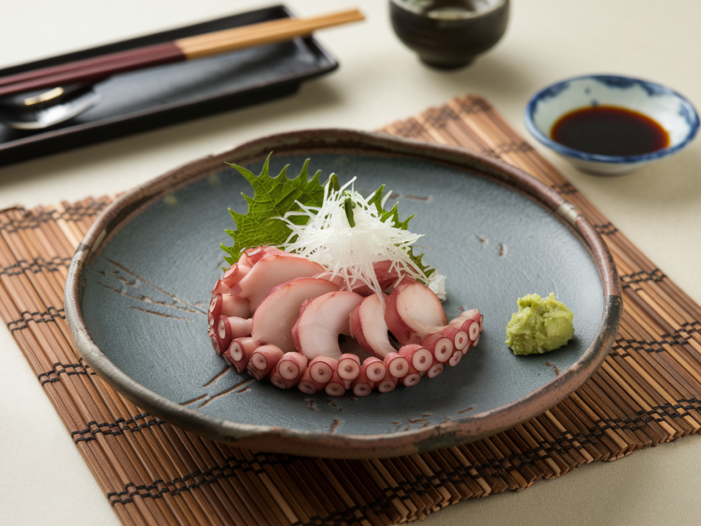 Octopus sashimi served on a Japanese ceramic plate with garnishes and soy sauce.