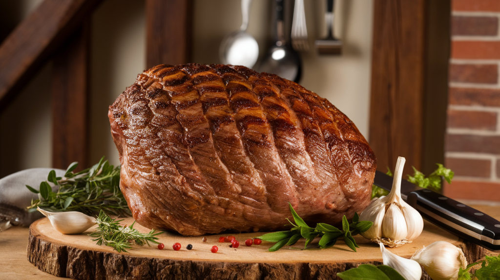 Beef shoulder roast on a wooden board with herbs and garlic.