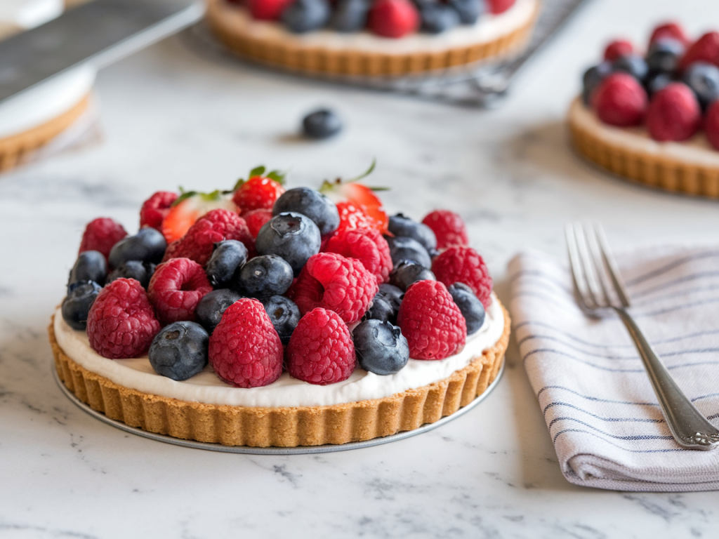 Fruit tart topped with fresh berries on a cream cheese filling base.