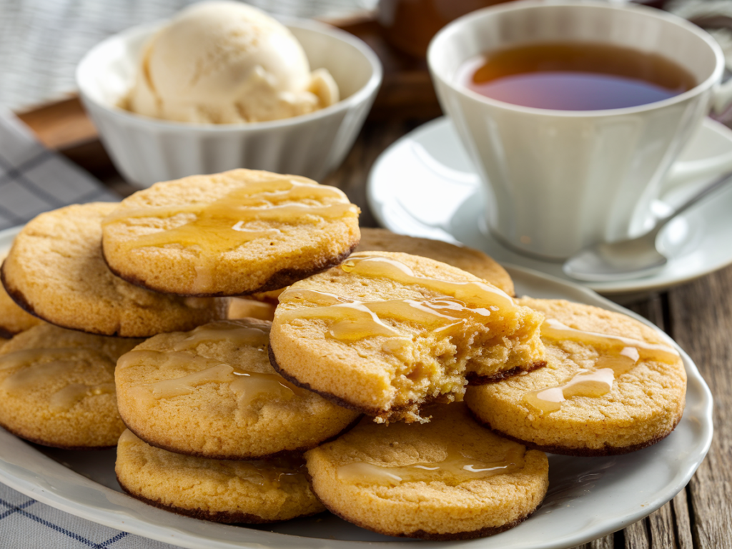 A warm cookie served with tea, extra honey drizzle, and vanilla ice cream on the side.