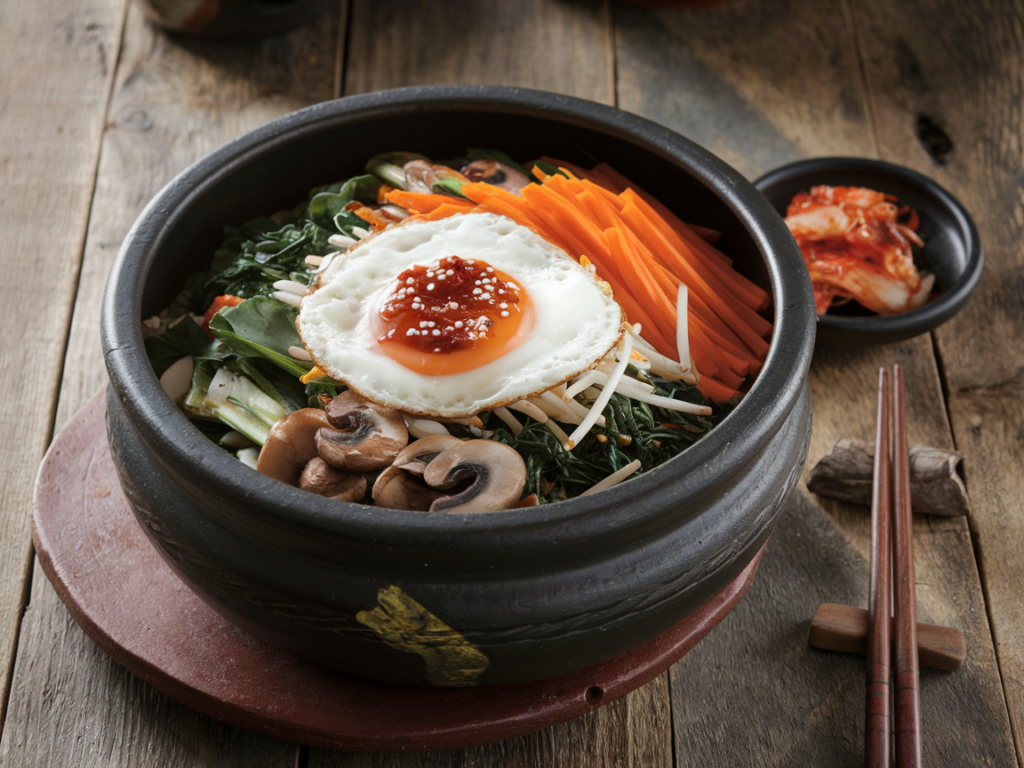 Vibrant Bibimbap bowl with fresh vegetables, egg, and gochujang, served in a traditional Korean ceramic dish.