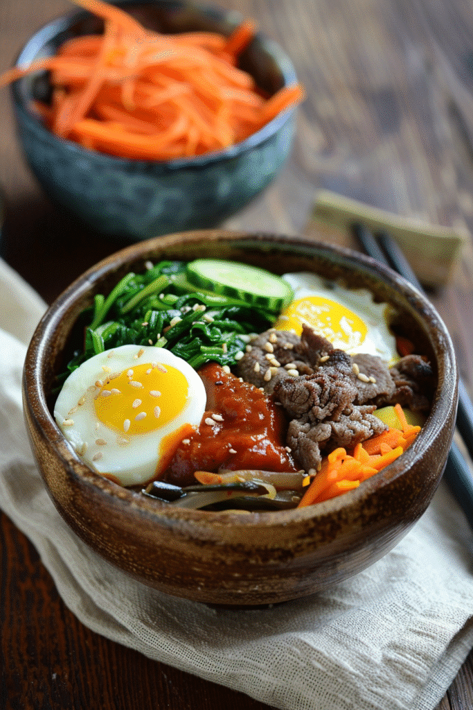 Freshly made bibimbap bowl with colorful toppings in a rustic kitchen setting