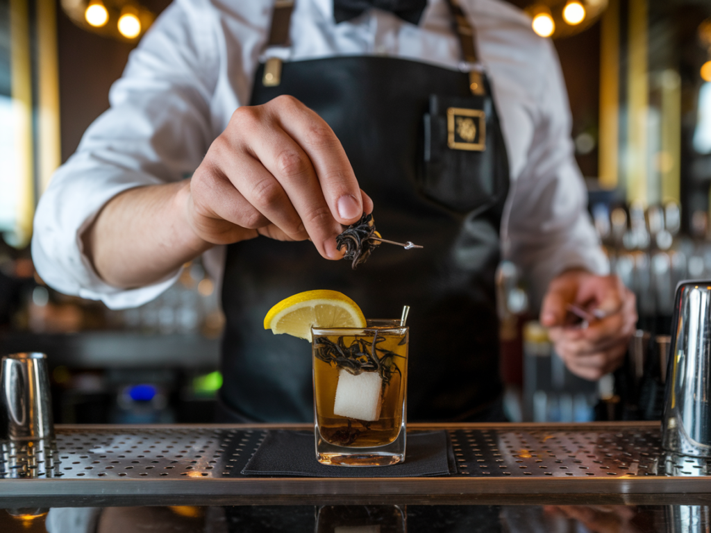 A bartender serving a black tea shot in an upscale bar with a lively crowd in the background.