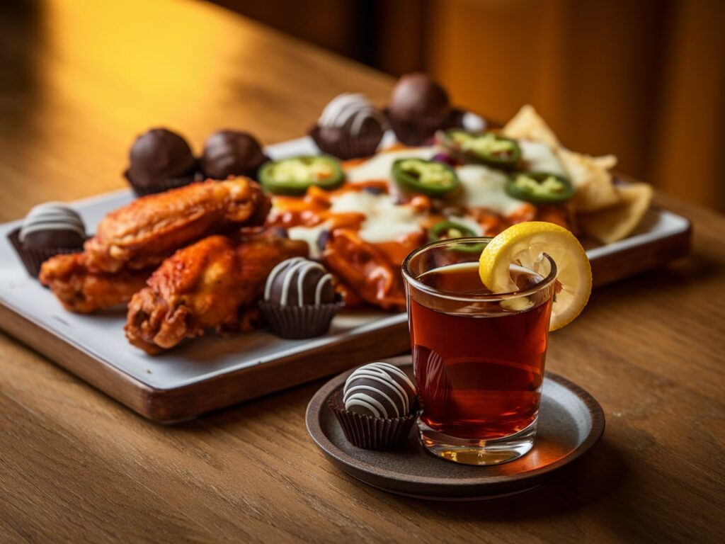 A black tea shot paired with spicy chicken wings, nachos, and chocolate truffles on a wooden table.