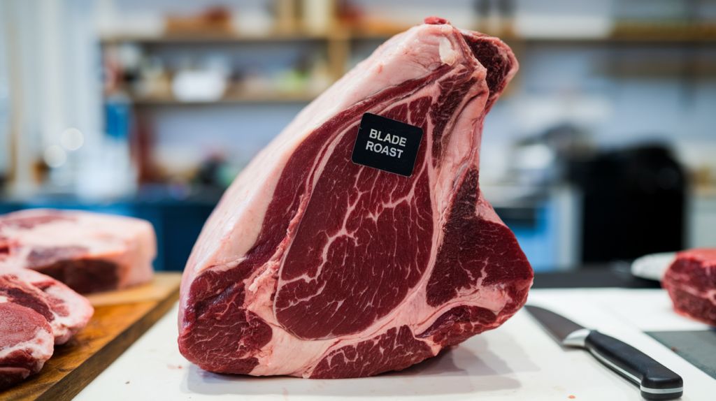 Raw blade roast on a butcher’s counter.