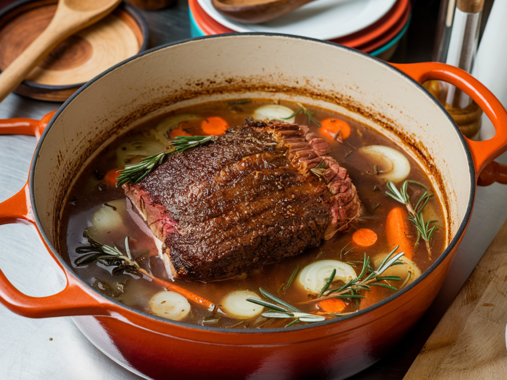 Beef brisket braising in a Dutch oven with broth, carrots, onions, and fresh herbs.