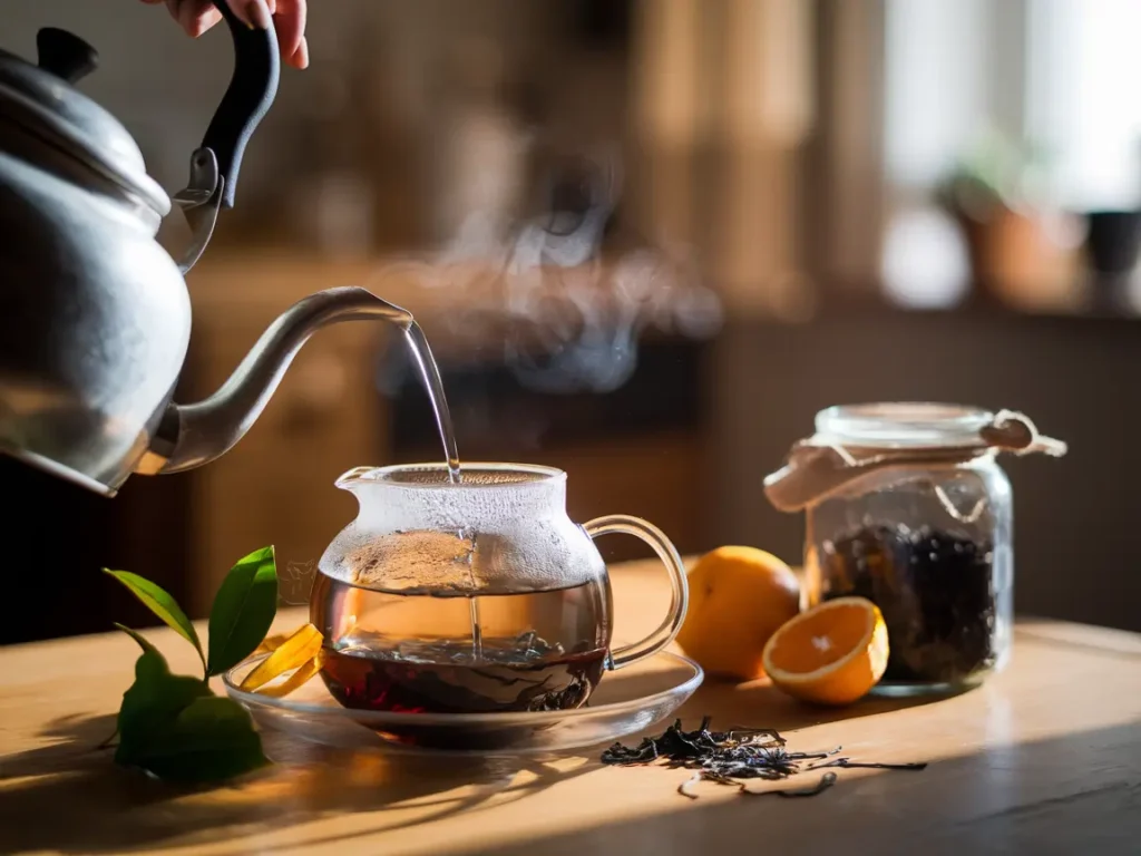 Brewing Earl Grey tea with a kettle and glass teapot surrounded by bergamot peels and tea leaves.