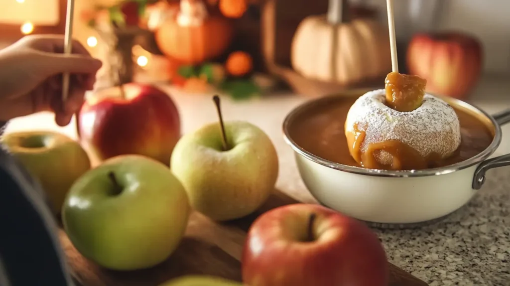 Child dipping apples into caramel in a rustic fall kitchen