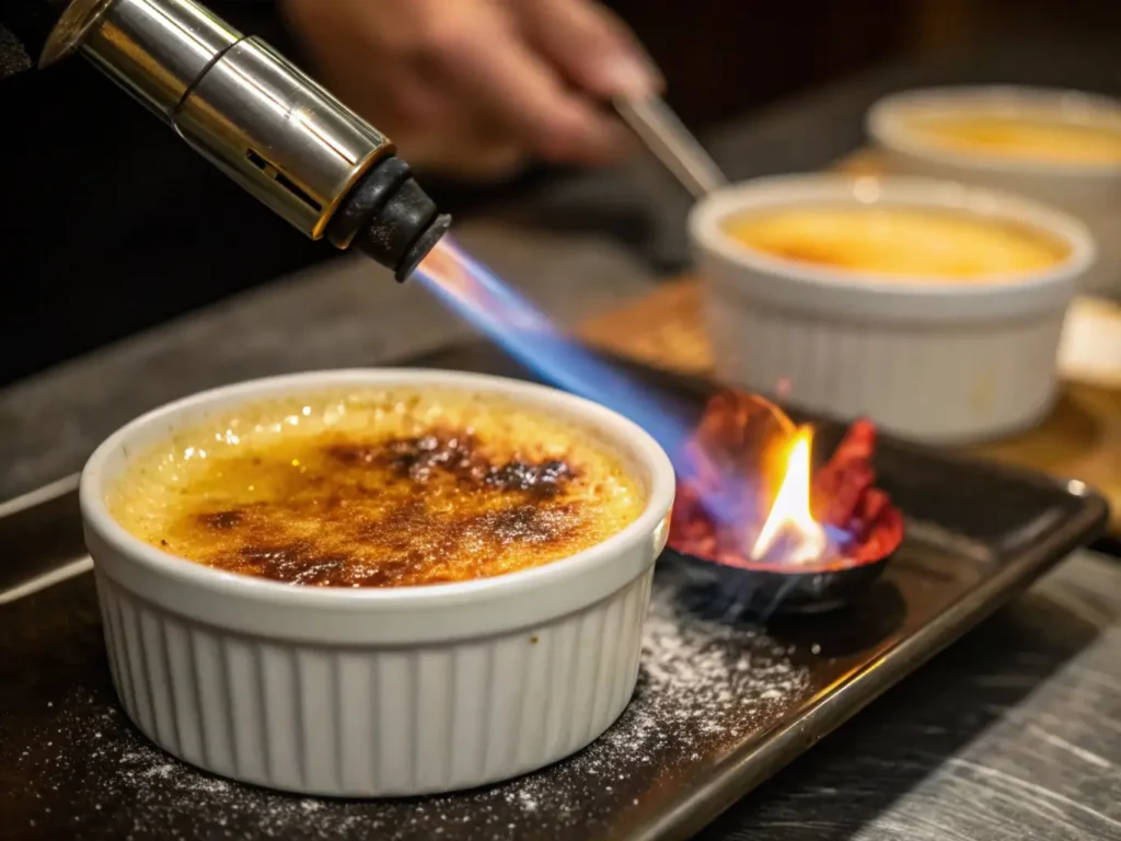 Culinary torch caramelizing sugar on crème brûlée, creating a golden, glassy crust." Title Attribute: "Perfect Caramelization of Crème Brûlée Topping