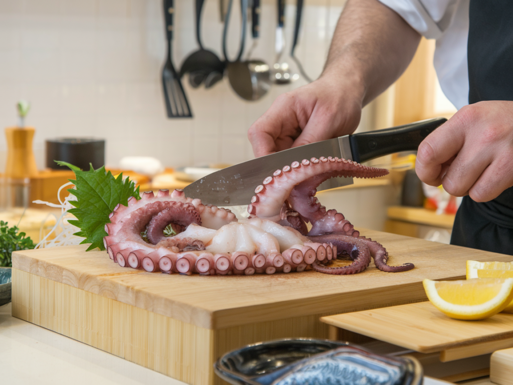 "A chef slicing fresh octopus on a wooden board for sashimi preparation.