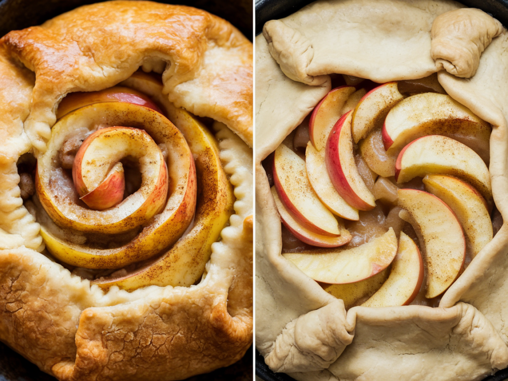 Comparison of a perfectly baked cinnamon roll apple pie versus an undercooked one.