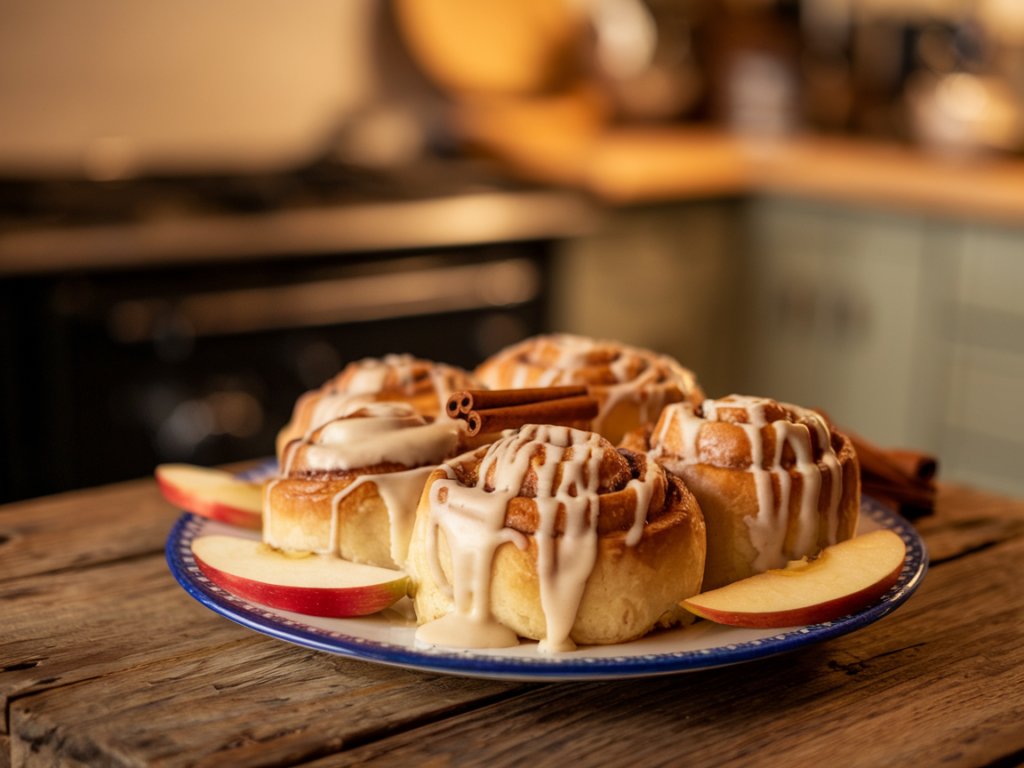 Cinnamon rolls with apple pie filling drizzled with glaze.