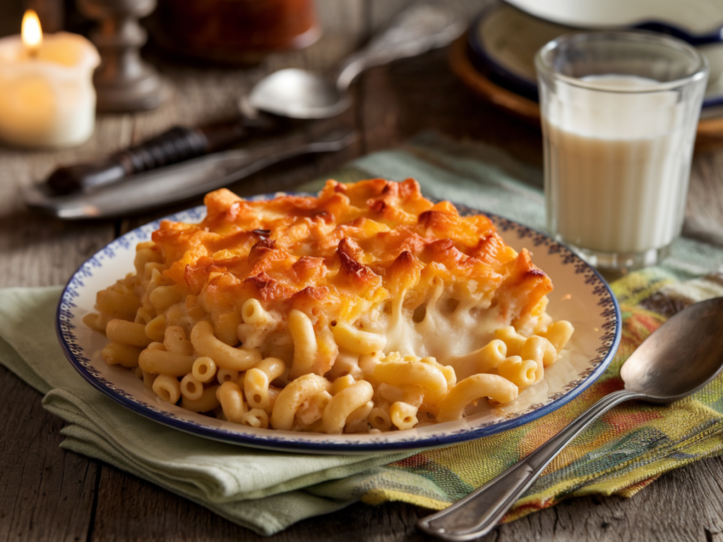 A plate of creamy baked macaroni and cheese with a golden crust, served on a rustic wooden table.