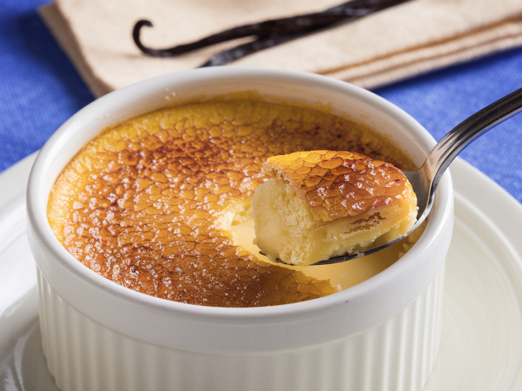 Close-up of crème brûlée in a white ramekin with a caramelized sugar crust, a spoon breaking the surface.