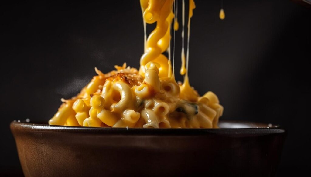 A steaming bowl of baked mac and cheese garnished with parsley on a rustic table.