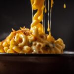 A steaming bowl of baked mac and cheese garnished with parsley on a rustic table.