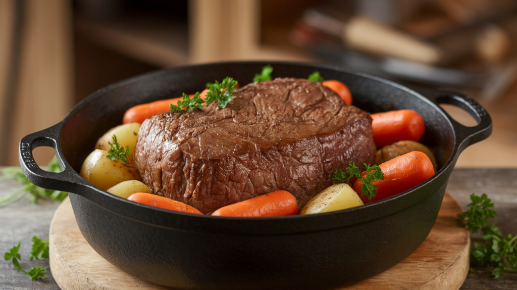 Pot roast with vegetables in a cast-iron Dutch oven.